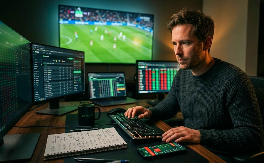 A man at a computer in a betting shop.